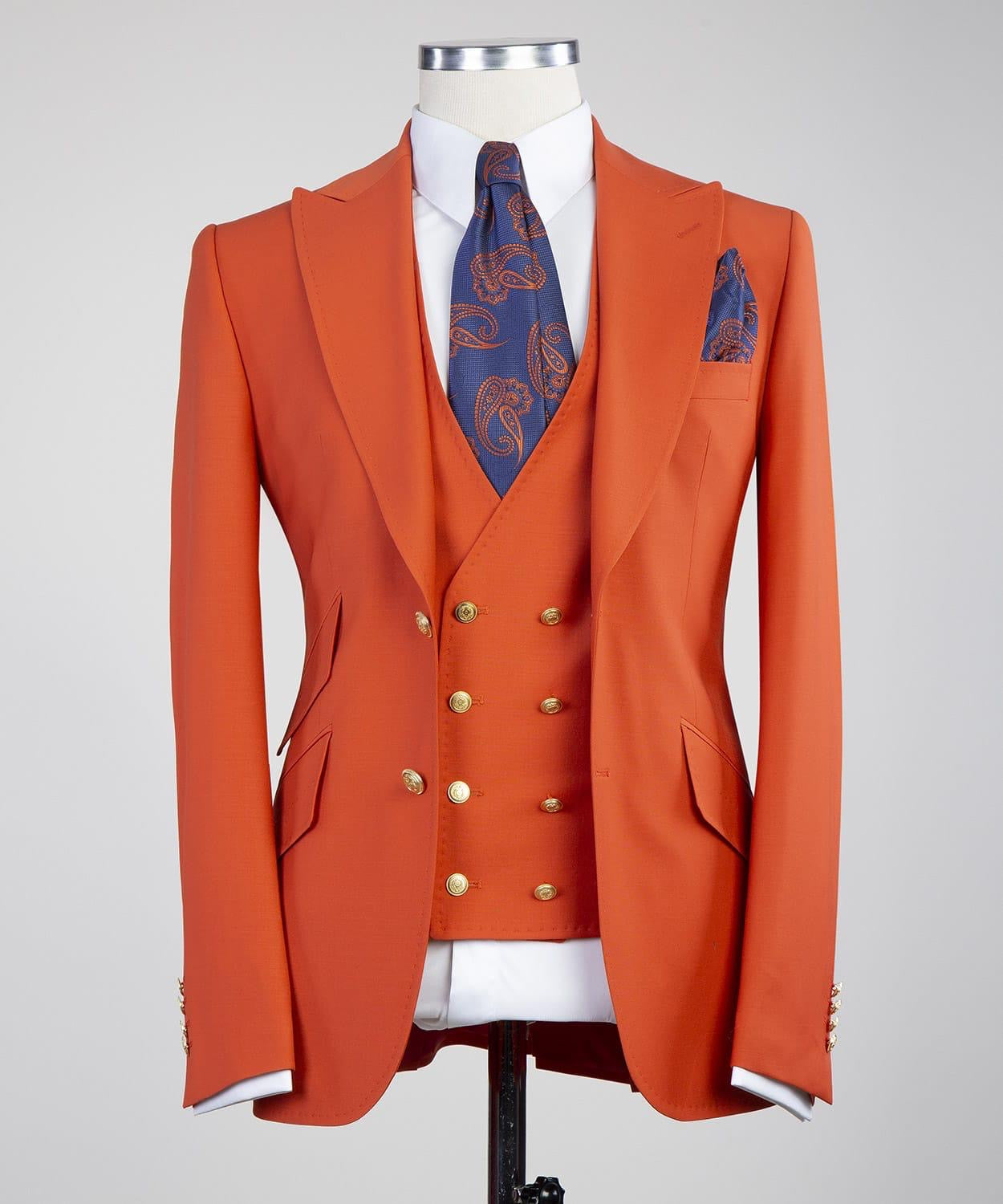 Orange Three Pieces Men Suit with Peaked Lapel 5