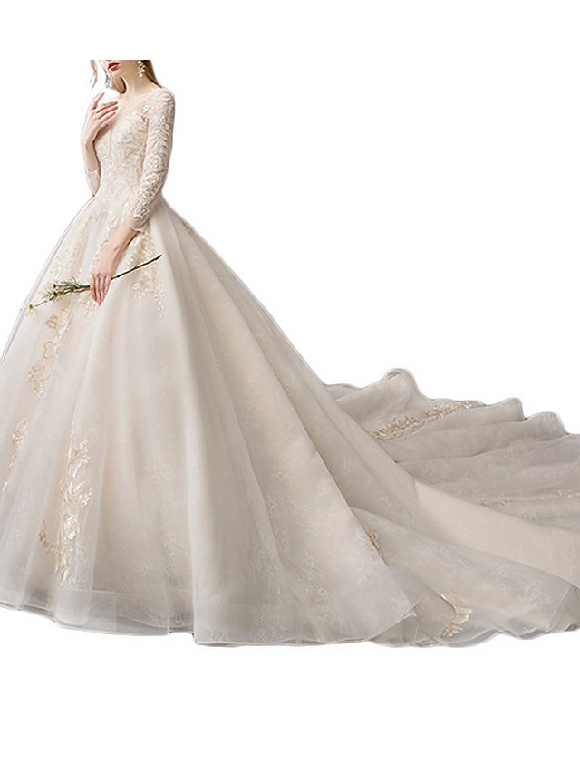 A-line Floor-length Tulle Wedding Dress With Lace 2