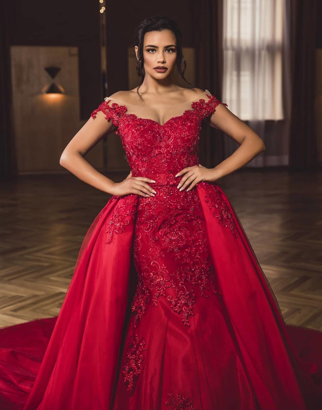 Dramatic Red Off-the-Shoulder Mermaid Gown with Detachable Tulle Overskirt 4