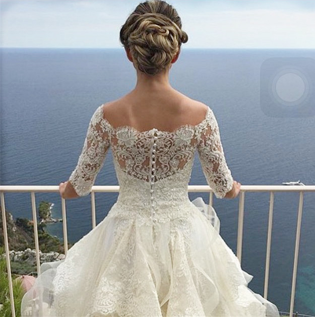 A-line Bateau Neck Chapel Train Organza Bridal Attire With Lace 3