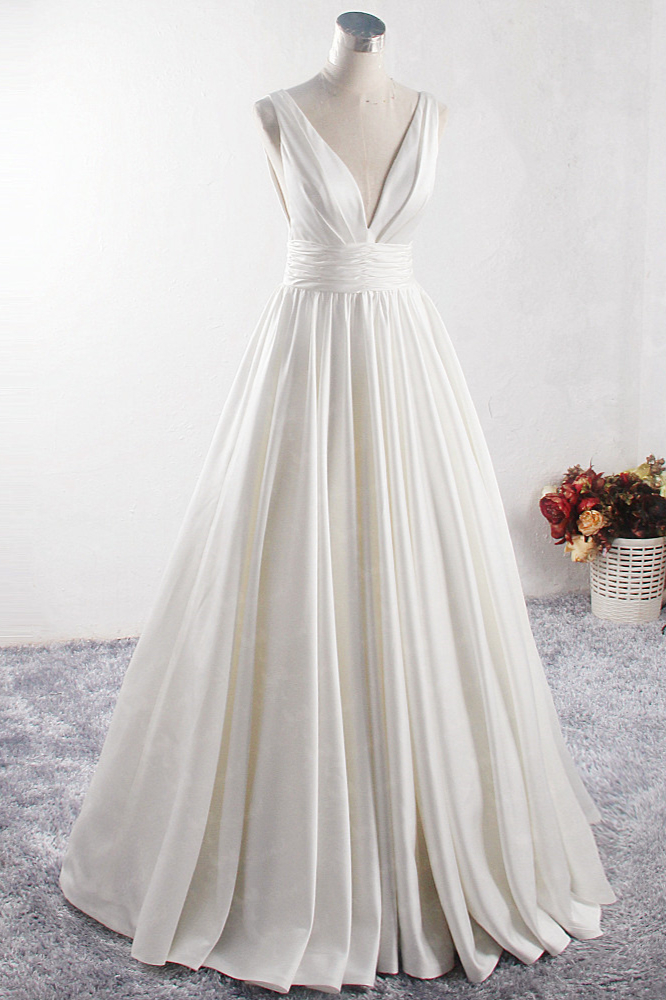 A-line V-neck Sleeveless Floor-length Satin Bridal Attire With Ruffles 3