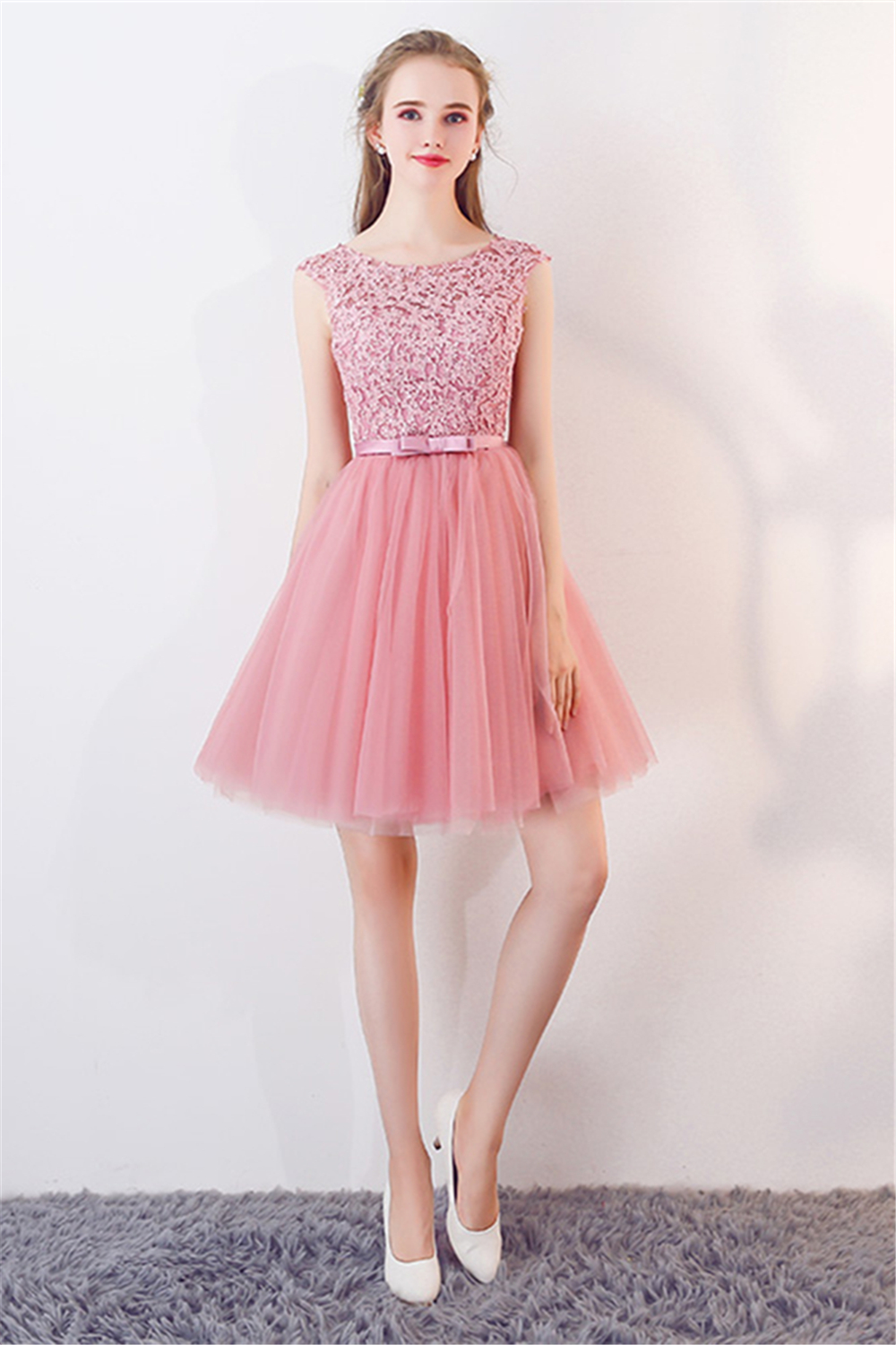 Pink Tulle Sleeveless Homecoming Dress with Lace Bowknot 4
