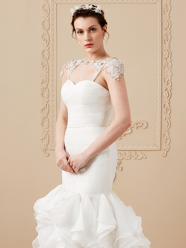 Mermaid Sweetheart Neck Cap Sleeves Sweep / Brush Train Organza Bridal Dress With Buttons 16