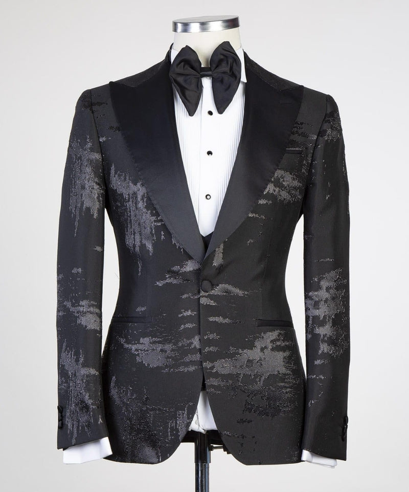 Black Patterns Peaked Lapel Three Pieces Wedding Men Suit 5