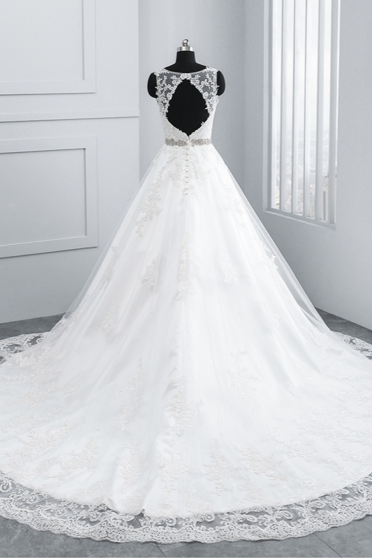 A-line Jewel Neck Sleeveless Floor-length Tulle Wedding Gown With Lace 2