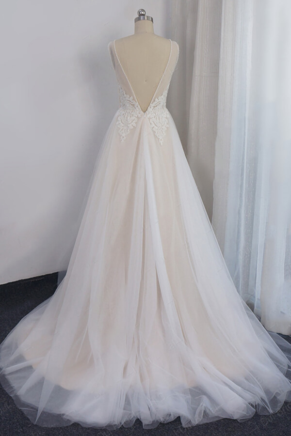A-line V-neck Sleeveless Chapel Train Tulle Bridal Attire With Beading 2