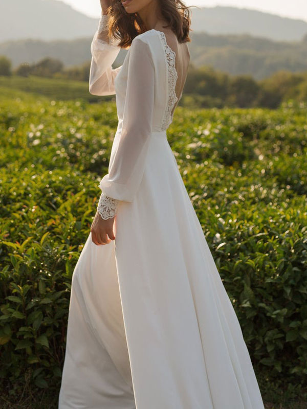 A-line Bateau Neck Long Sleeves Court Train 100D Chiffon Bridal Gown With Lace 7