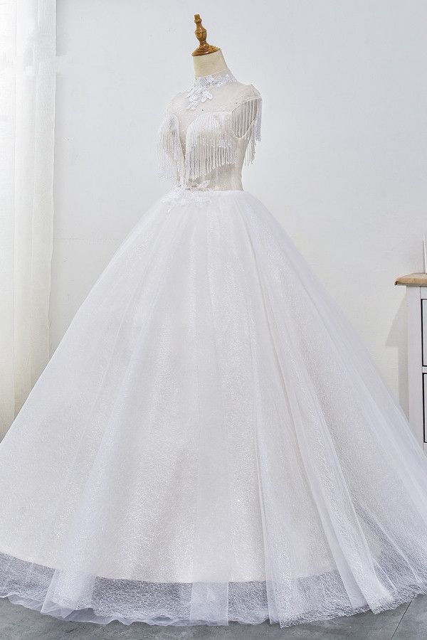 Mermaid High Neck Sleeveless Floor-length Tulle Wedding Dress With Beading 3