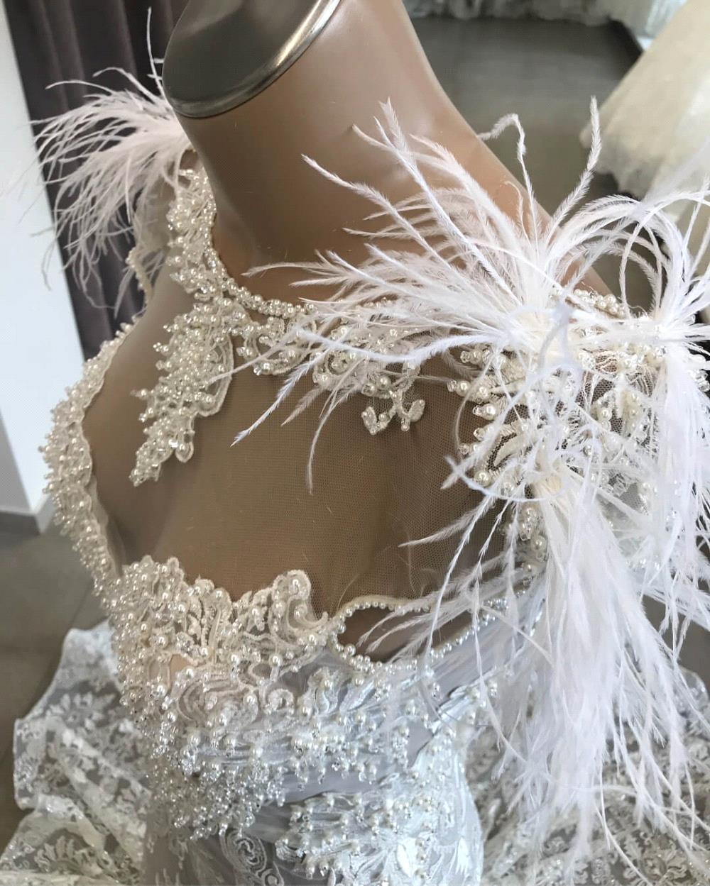 Mermaid Jewel Neck Sleeveless Cathedral Train Lace Bridal Gown With Feathers 3
