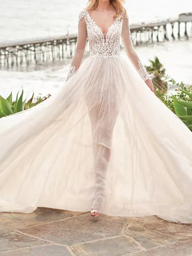 A-line V-neck Long Sleeves Sweep / Brush Train Tulle Wedding Gown With Buttons 2