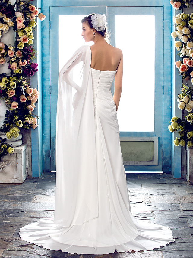 Column Straps One Shoulder Sweep / Brush Train Tulle Bridal Gown With Lace 4