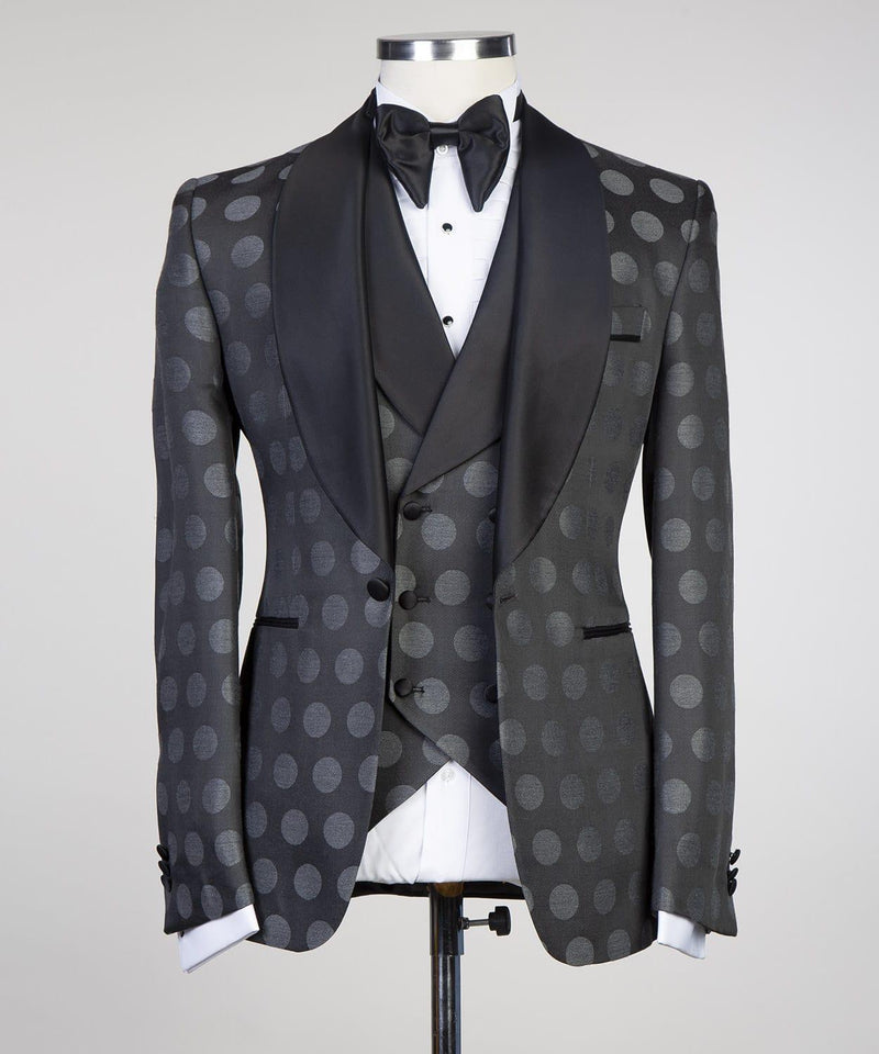 Black Pattern One Button Shawl Lapel Men Suit 3