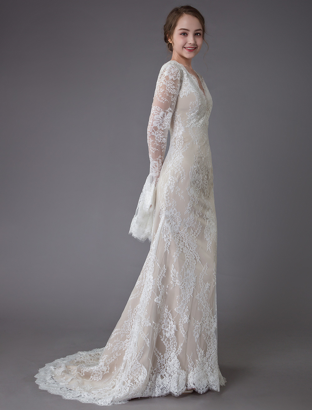 Column Plunging Neckline Long Sleeves Court Train Lace Bridal Dress With Lace 6