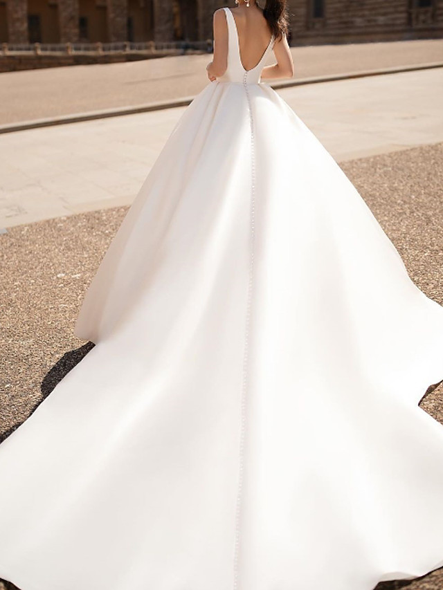 A-line Plunging Neckline Long Sleeves 100D Chiffon Bridal Gown With Court Train 2