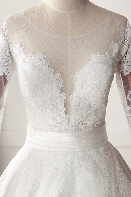 A-line Jewel Neck Long Sleeves Chapel Train Satin Wedding Gown With Lace 5