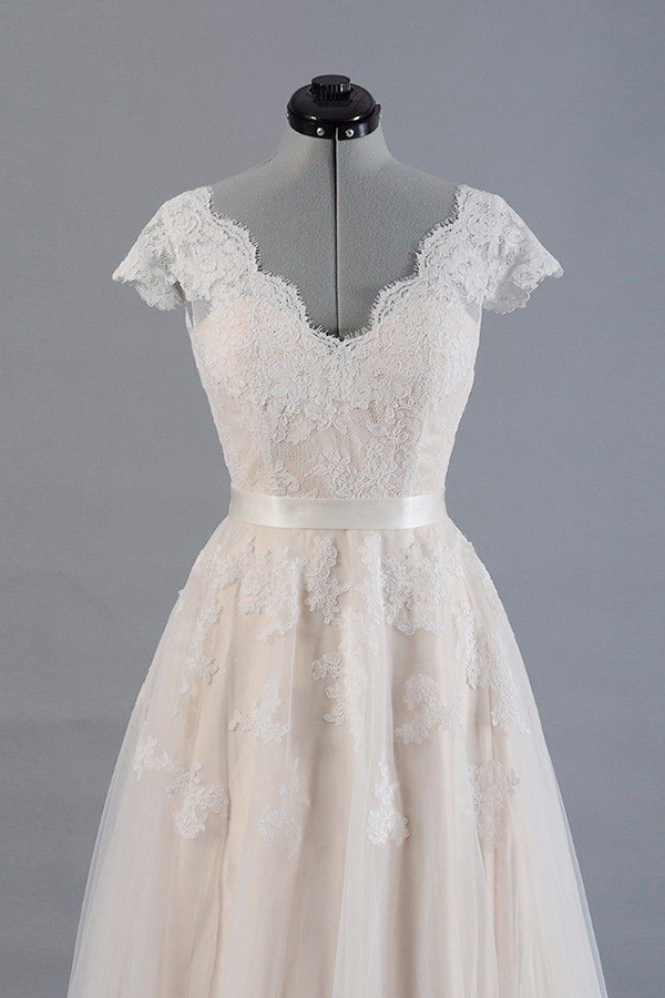 A-line V-neck Short Sleeves Floor-length Tulle Bridal Dress With Ribbons 3