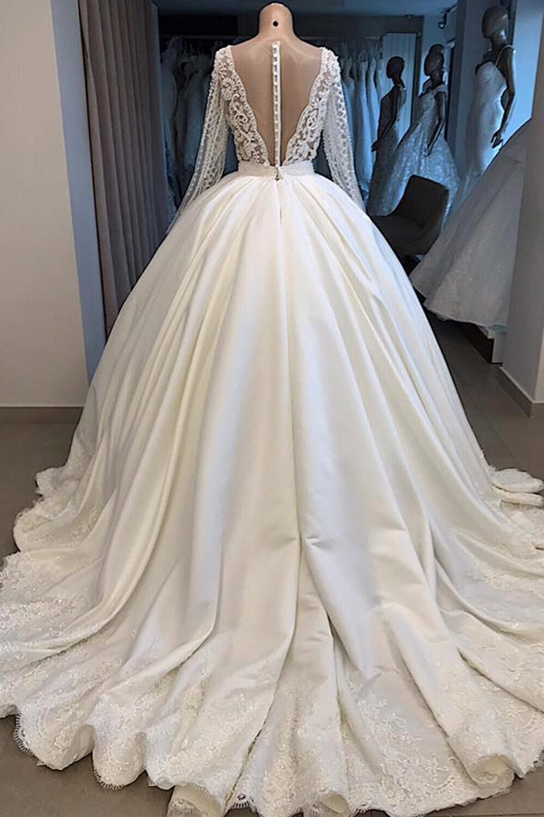 Ball Gown V-neck Court Train Satin Bridal Dress With Beading 2