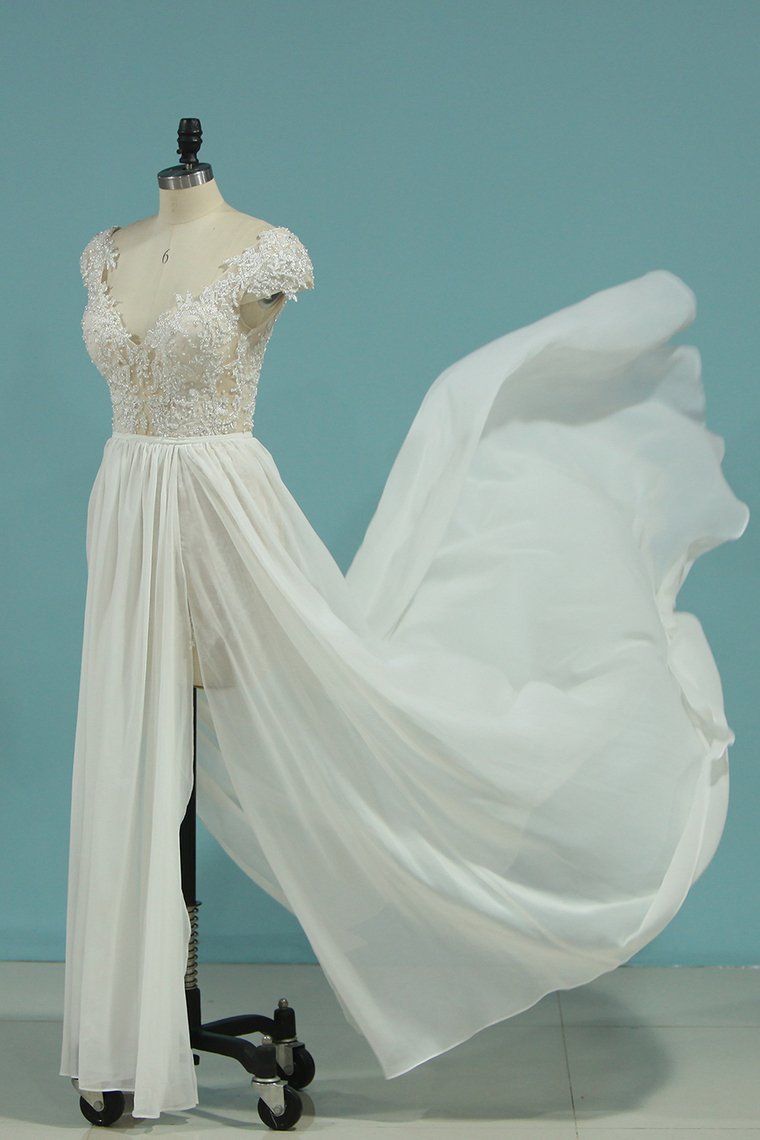 A-line V-neck Sleeveless Floor-length 100D Chiffon Bridal Dress With Lace 4