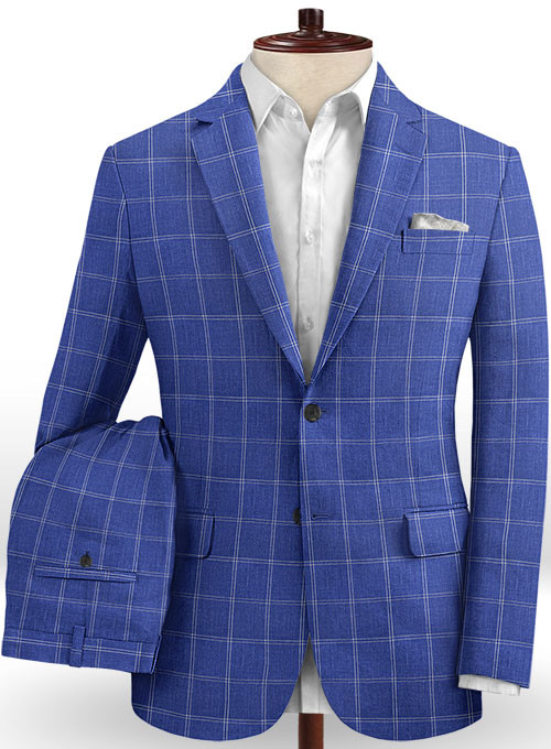 Ocean Blue Grid Linen Men Suits 2
