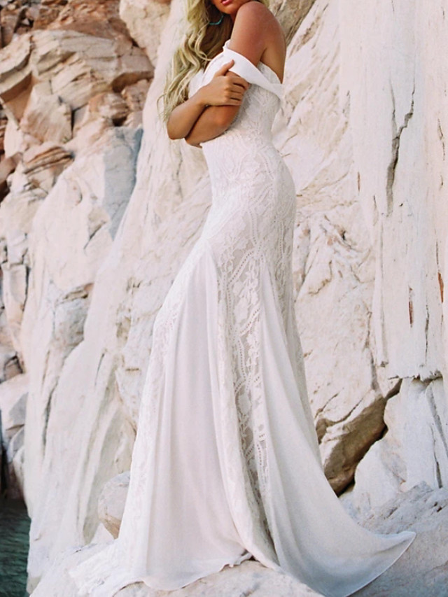 Mermaid Sweetheart Neck Short Sleeves Sweep / Brush Train Tulle Wedding Gown With Lace 2