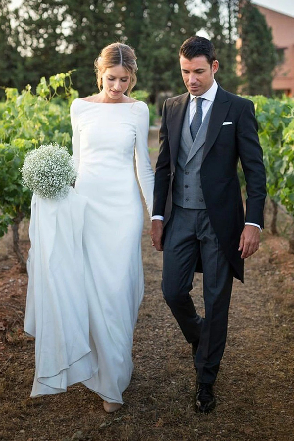 Column Bateau Neck Long Sleeves Chapel Train Satin Bridal Dress With Buttons 1