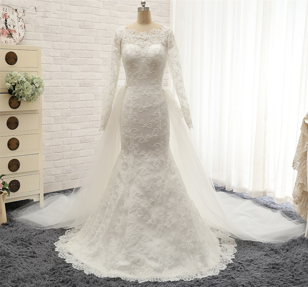 Mermaid Jewel Neck Long Sleeves Floor-length Satin Wedding Dress With Lace 7