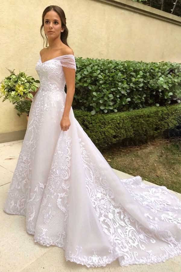 A-line Off-the-shoulder Sleeveless Chapel Train Lace Bridal Gown With Appliques 3
