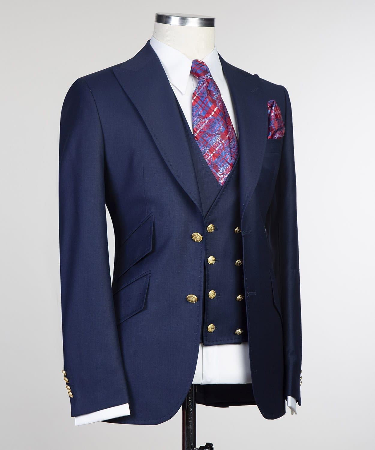 Dark Navy 3-Pieces Men Suit with Peaked Lapel 3