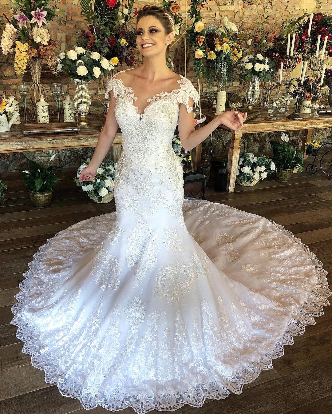 Mermaid Jewel Neck Cap Sleeves Chapel Train Lace Bridal Gown With Lace 3