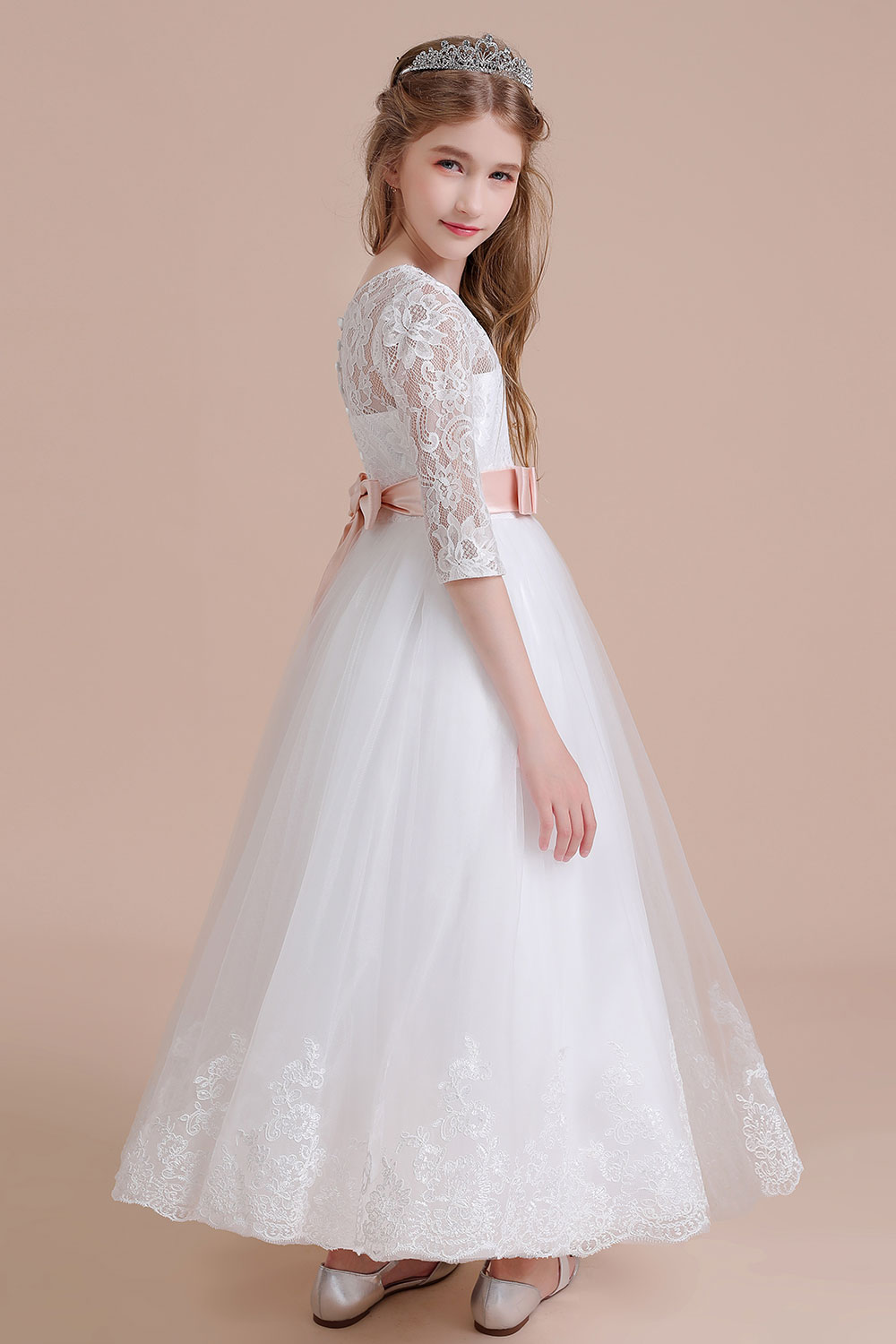 A-line Sweetheart Neck Jewel Neck 3/4-Length Sleeves Ankle-length Tulle Flower Girl Dress With Ribbons 4