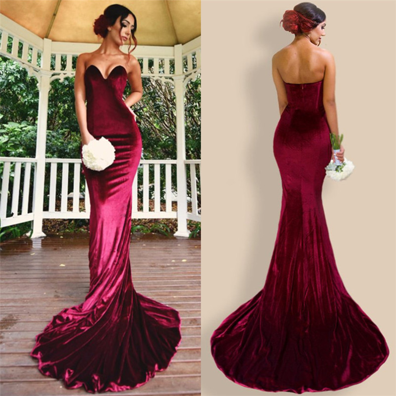 Mermaid Strapless Sleeveless Velvet Evening Dress With Sweep / Brush Train 3