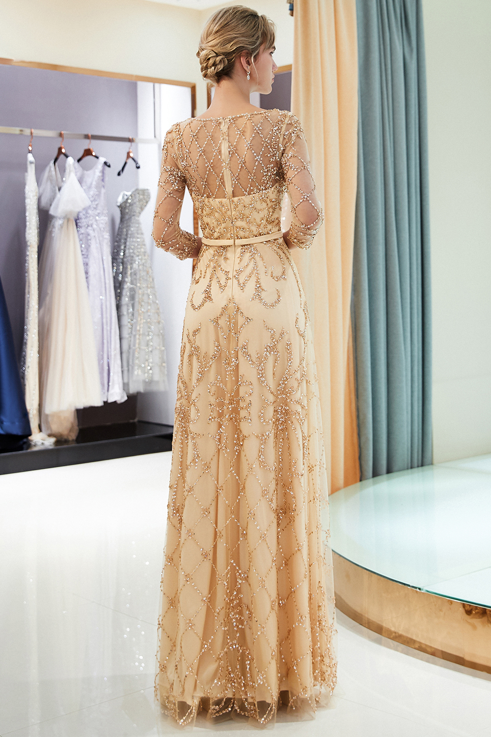 A-line Scoop Neck 3/4-Length Sleeves Sweep / Brush Train Tulle Evening Dress With Crystal 20