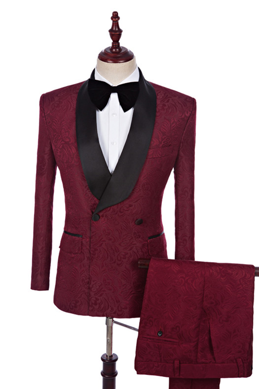 Burgundy Jacquard Double Breasted Wedding Suit 1