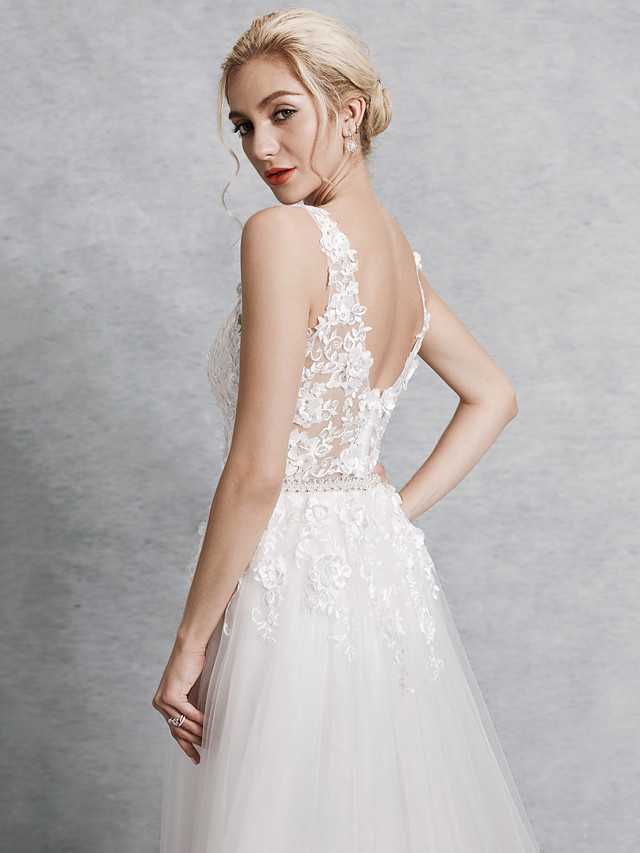A-line Straps V-neck Court Train Lace Bridal Attire With Lace 6