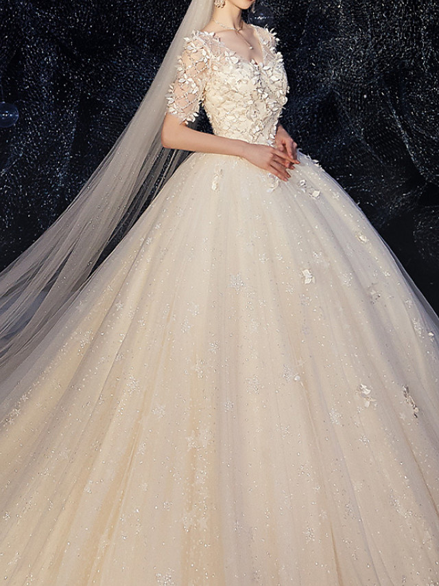 A-line V-neck Half-Sleeves Chapel Train Lace Bridal Dress With Buttons 3