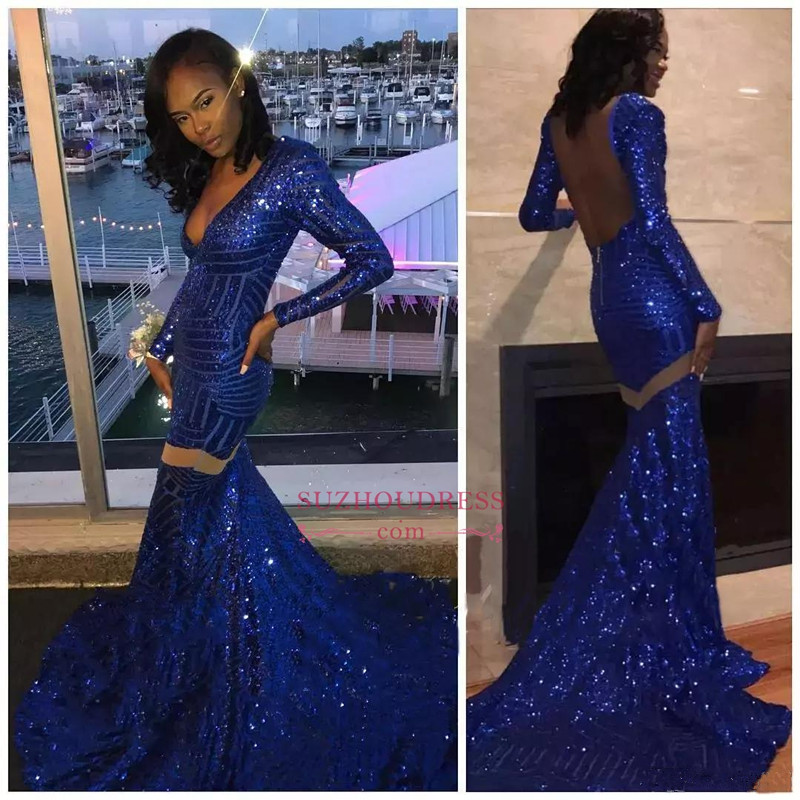 Mermaid Plunging Neckline Sweep / Brush Train Formal Dress With Sequins 3