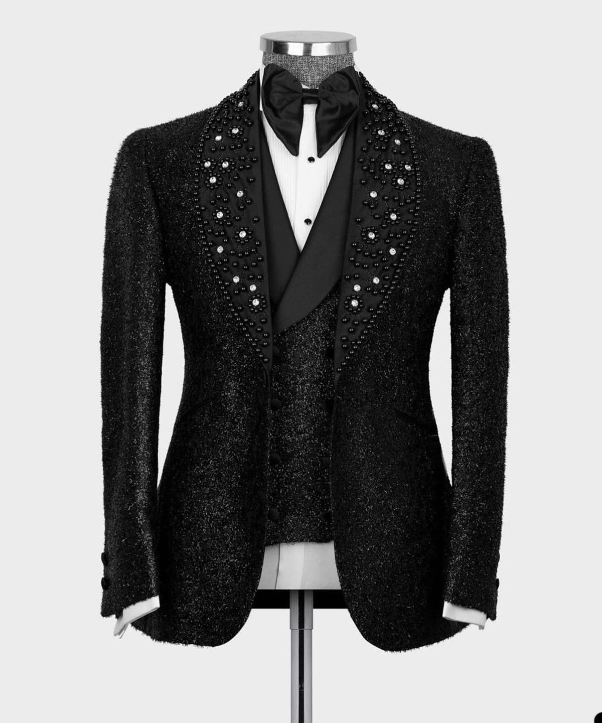Prom Black Beading Shawl Lapel Three Pieces Men Suit 3