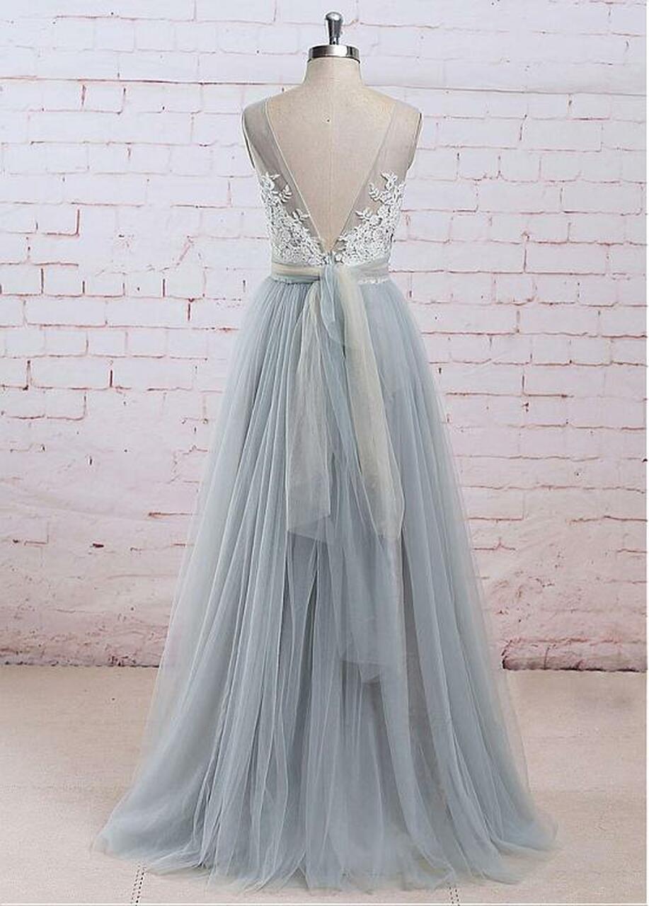 A-line V-neck Sleeveless Bridesmaid Dress With Sweep / Brush Train 3