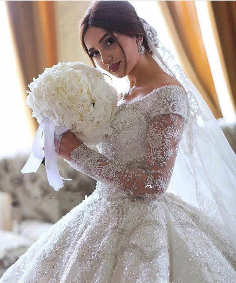 A-line Off-the-shoulder Long Sleeves Cathedral Train Lace Wedding Gown With Crystal 4