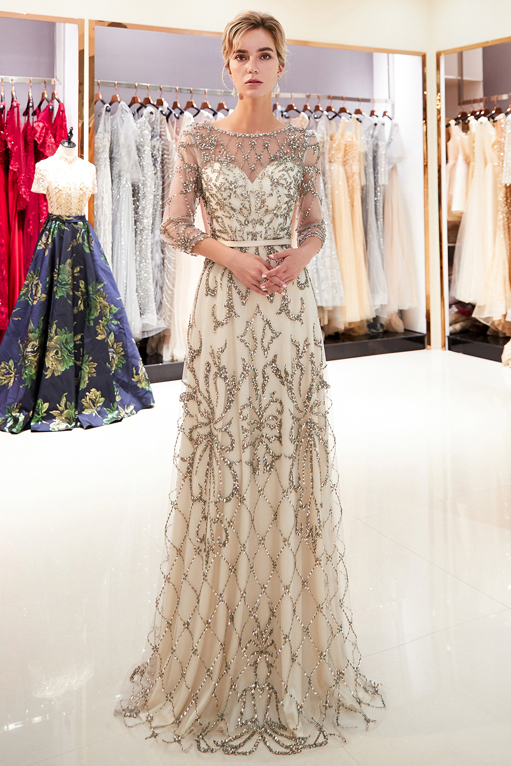 A-line Scoop Neck 3/4-Length Sleeves Sweep / Brush Train Tulle Evening Dress With Crystal 8