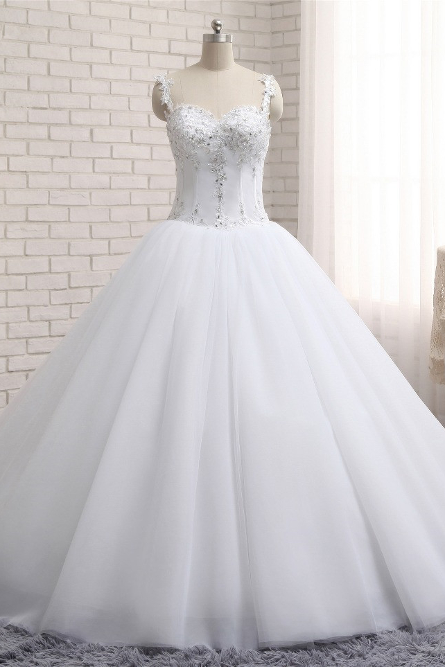 A-line Straps Sleeveless Court Train Tulle Wedding Dress With Appliques 1