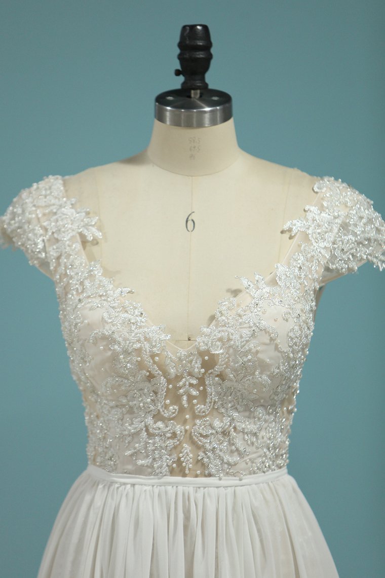A-line V-neck Sleeveless Floor-length 100D Chiffon Bridal Dress With Lace 5