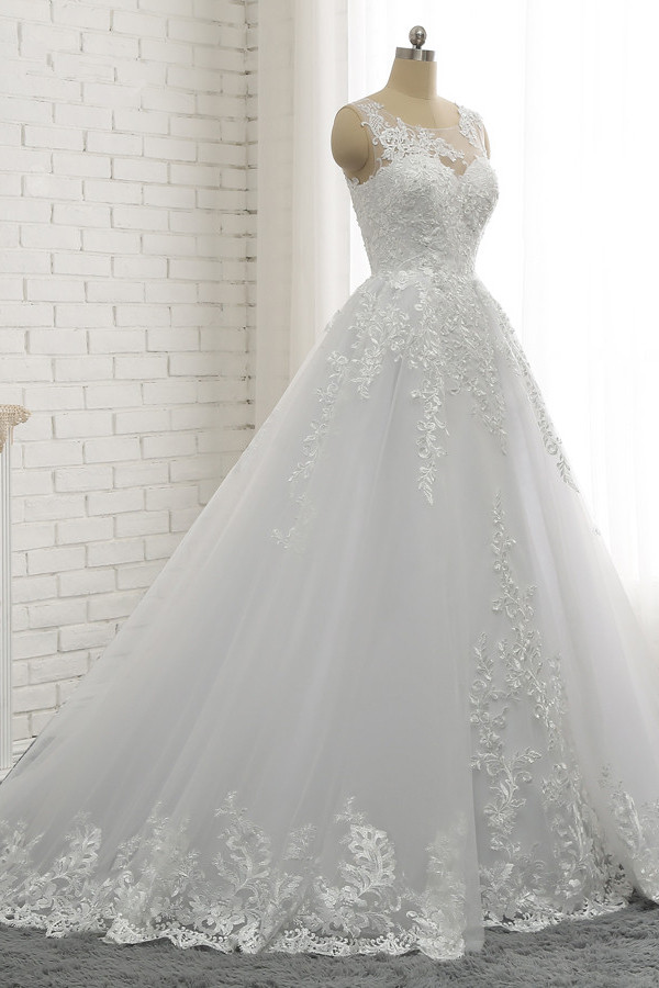 A-line Jewel Neck Sleeveless Floor-length Tulle Bridal Dress With Lace 3