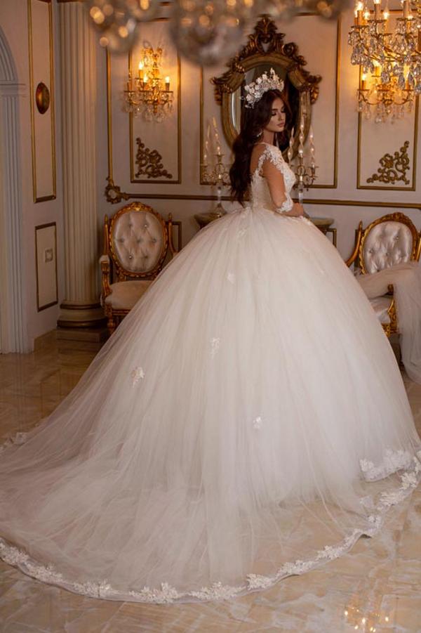 Lace Appliqued Tulle Ball Gown Wedding Dress with Illusion Sleeves 3