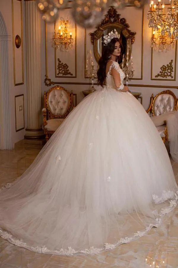 Lace Appliqued Tulle Ball Gown Wedding Dress with Illusion Sleeves 3