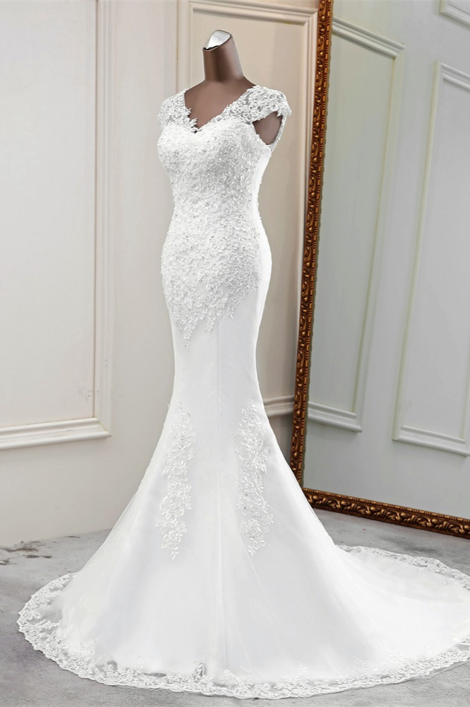 Mermaid V-neck Sleeveless Floor-length Tulle Wedding Dress With Lace 4