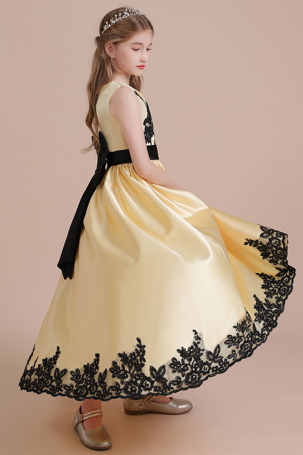 A-line Jewel Neck Sleeveless Ankle-length Satin Flower Girl Dress With Appliques 6
