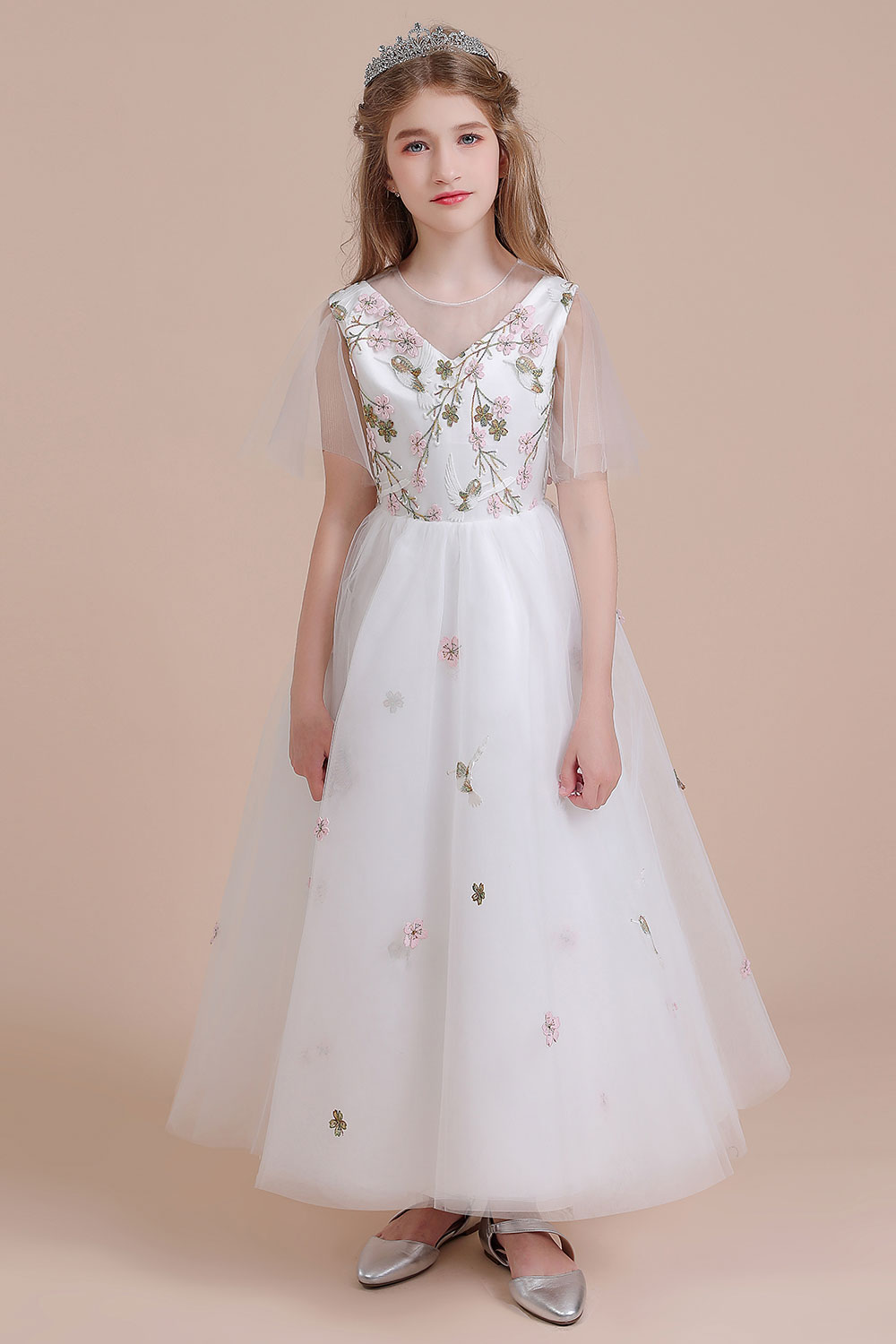 A-line V-neck Jewel Neck Short Sleeves Ankle-length Tulle Flower Girl Dress With Embroidery 3