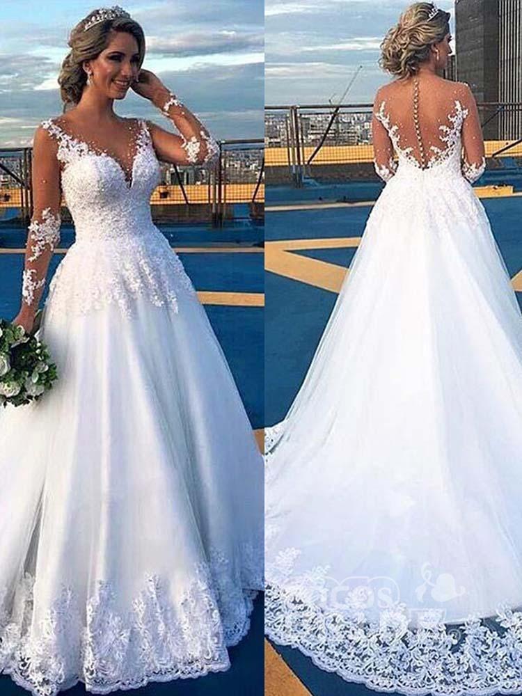 Ball Gown V-neck Long Sleeves Tulle Wedding Dress 3