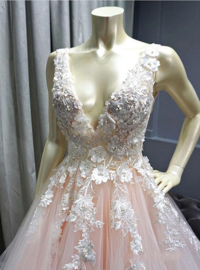 A-line V-neck Sleeveless Floor-length Tulle Evening Dress With Lace 4